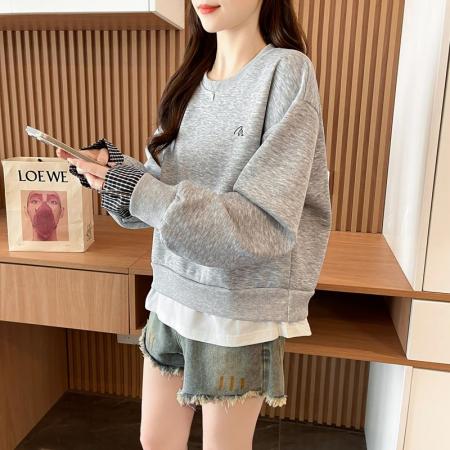 FA47844# 仿华棉复合春秋卫衣女格子拼接新款假两件小个子宽松上衣 服裝批發女裝批發服飾貨源