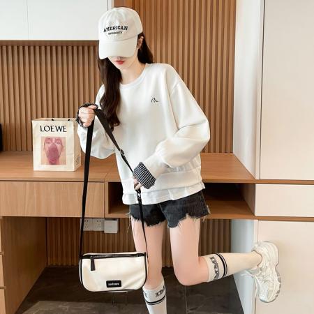 FA47844# 仿华棉复合春秋卫衣女格子拼接新款假两件小个子宽松上衣 服裝批發女裝批發服飾貨源