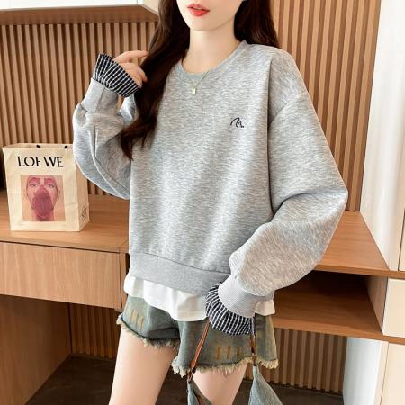 FA47844# 仿华棉复合春秋卫衣女格子拼接新款假两件小个子宽松上衣 服裝批發女裝批發服飾貨源