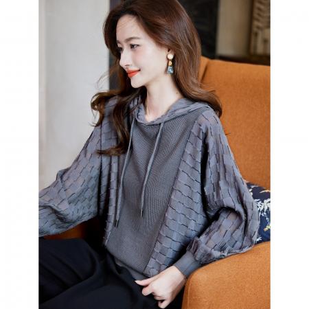 FA47846# 高级连帽蝙蝠袖拼接卫衣秋季洋气宽松慵懒上衣女 服裝批發女裝批發服飾貨源