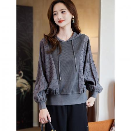 FA47846# 高级连帽蝙蝠袖拼接卫衣秋季洋气宽松慵懒上衣女 服裝批發女裝批發服飾貨源