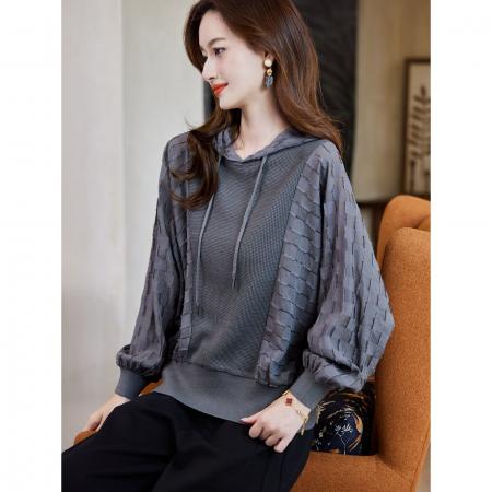 FA47846# 高级连帽蝙蝠袖拼接卫衣秋季洋气宽松慵懒上衣女 服裝批發女裝批發服飾貨源