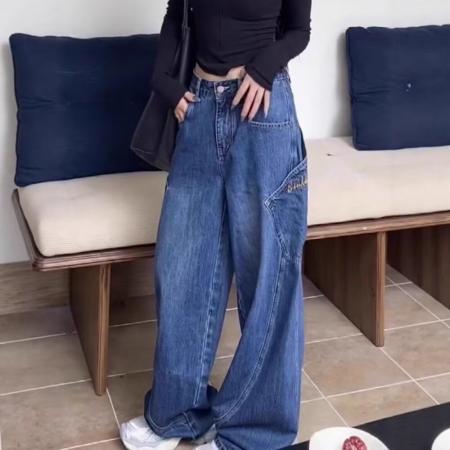 FA47847# 大码微胖辣妹廓形弯刀设计感阔腿牛仔裤女秋季水洗宽松显瘦拖地裤 服裝批發女裝批發服飾貨源