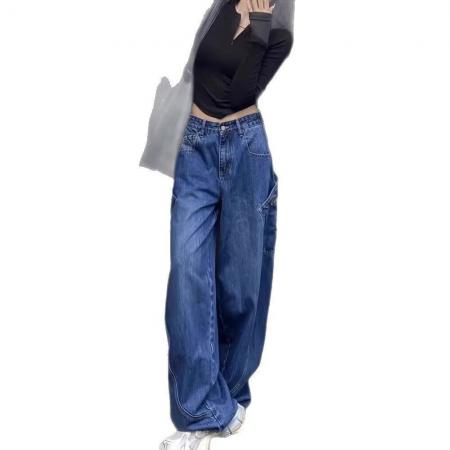 FA47847# 大码微胖辣妹廓形弯刀设计感阔腿牛仔裤女秋季水洗宽松显瘦拖地裤 服裝批發女裝批發服飾貨源