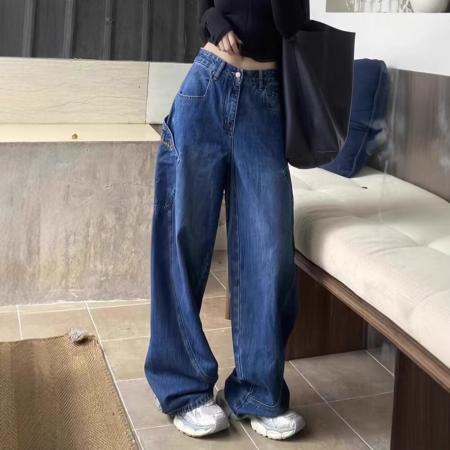 FA47847# 大码微胖辣妹廓形弯刀设计感阔腿牛仔裤女秋季水洗宽松显瘦拖地裤 服裝批發女裝批發服飾貨源