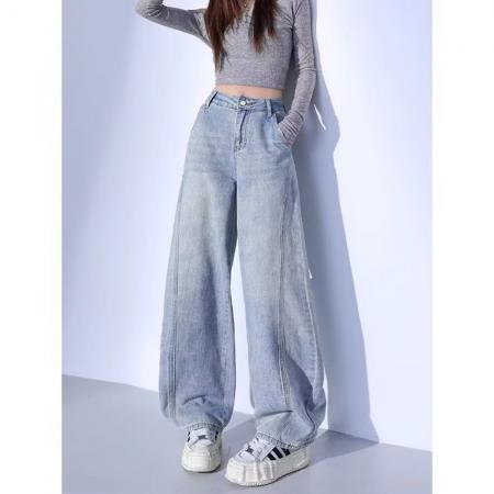 FA47848# 美式复古百搭弯刀裤女阔腿裤牛仔裤春秋新款遮跨显瘦直筒香蕉裤子 服裝批發女裝批發服飾貨源