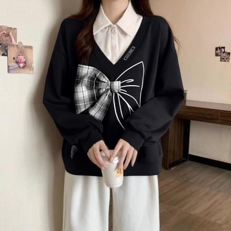 FA47849# 曼巴棉涤纶秋季薄款拼接假两件蝴蝶结上衣卫衣女 服裝批發女裝批發服飾貨源