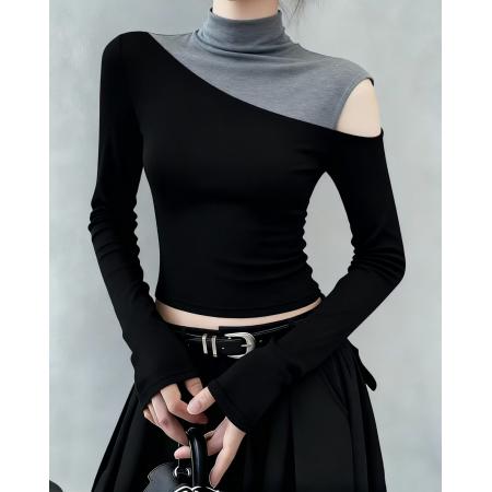 FA47850# 时尚设计感上衣韩系高级感洋气减龄小众设计感黑色假两件T恤 服裝批發女裝批發服飾貨源