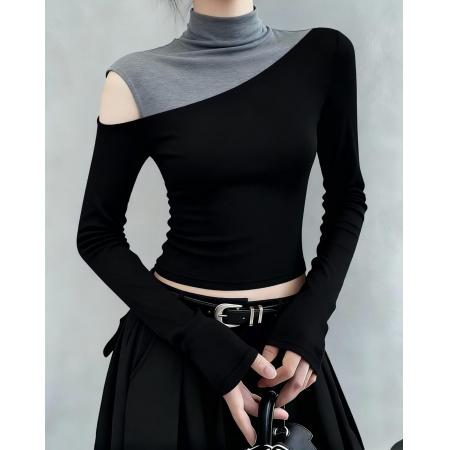 FA47850# 时尚设计感上衣韩系高级感洋气减龄小众设计感黑色假两件T恤 服裝批發女裝批發服飾貨源