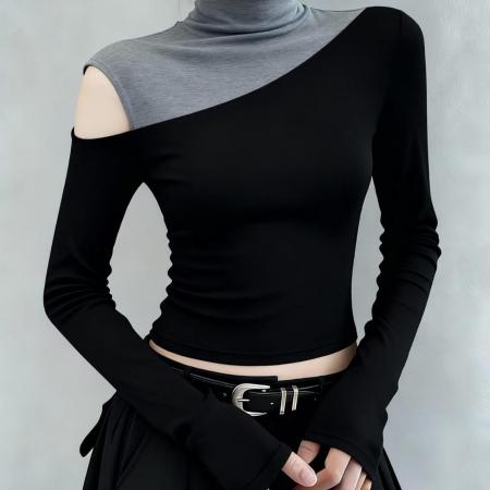 FA47850# 时尚设计感上衣韩系高级感洋气减龄小众设计感黑色假两件T恤 服裝批發女裝批發服飾貨源