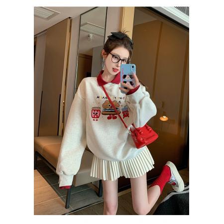 FA47853# 撞色polo领卡通套头卫衣女春秋新款学院风小个子 服裝批發女裝批發服飾貨源