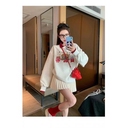 FA47853# 撞色polo领卡通套头卫衣女春秋新款学院风小个子 服裝批發女裝批發服飾貨源