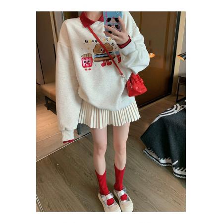 FA47853# 撞色polo领卡通套头卫衣女春秋新款学院风小个子 服裝批發女裝批發服飾貨源