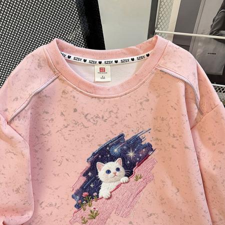 FA47855# 华棉复特大码300斤扎染印花肩膀拼接拉链卫衣女 服裝批發女裝批發服飾貨源