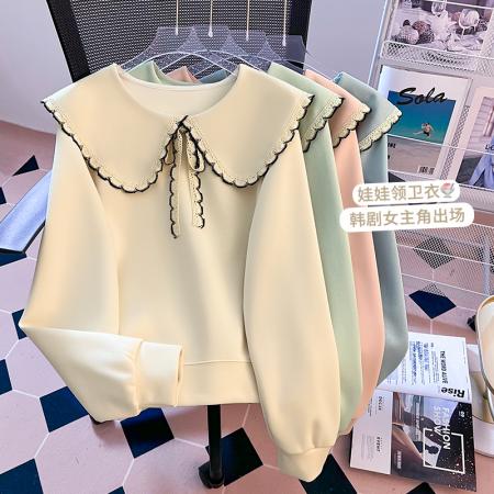 FA47857# 秋季学院风新款小清新花边娃娃领宽松高级感时尚卫衣女 服裝批發女裝批發服飾貨源
