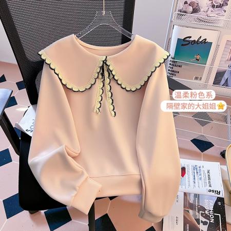 FA47857# 秋季学院风新款小清新花边娃娃领宽松高级感时尚卫衣女 服裝批發女裝批發服飾貨源