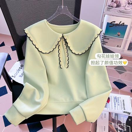 FA47857# 秋季学院风新款小清新花边娃娃领宽松高级感时尚卫衣女 服裝批發女裝批發服飾貨源