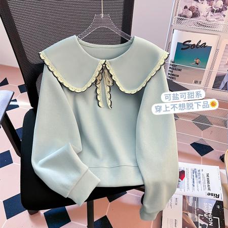 FA47857# 秋季学院风新款小清新花边娃娃领宽松高级感时尚卫衣女 服裝批發女裝批發服飾貨源