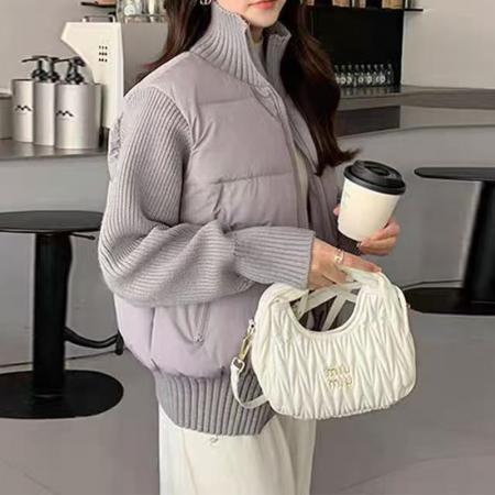 LN76375# 羊毛拼接秋冬新款法式气质设计感小众短款白色羽绒服保暖外套