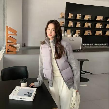 LN76375# 羊毛拼接秋冬新款法式气质设计感小众短款白色羽绒服保暖外套