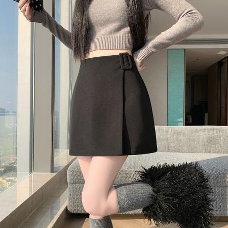 FA47860# 韩版时尚灰色毛呢短裙秋冬新款小众设计感百搭显瘦半身裙裤裙 服裝批發女裝批發服飾貨源