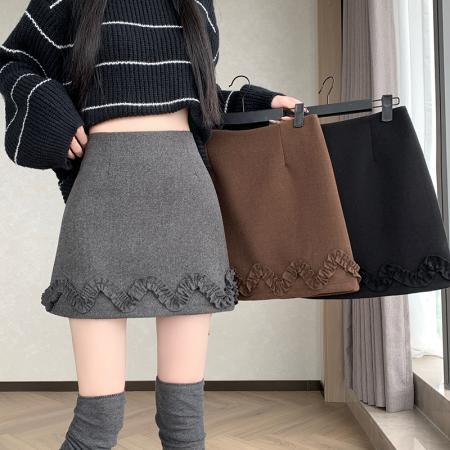 FA47861# 毛呢短裙女秋冬呢子a字裙高腰防走光短裤木耳边百搭显瘦半裙 服裝批發女裝批發服飾貨源