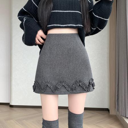 FA47861# 毛呢短裙女秋冬呢子a字裙高腰防走光短裤木耳边百搭显瘦半裙 服裝批發女裝批發服飾貨源
