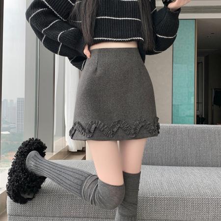 FA47861# 毛呢短裙女秋冬呢子a字裙高腰防走光短裤木耳边百搭显瘦半裙 服裝批發女裝批發服飾貨源