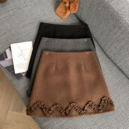 FA47861# 毛呢短裙女秋冬呢子a字裙高腰防走光短裤木耳边百搭显瘦半裙 服裝批發女裝批發服飾貨源