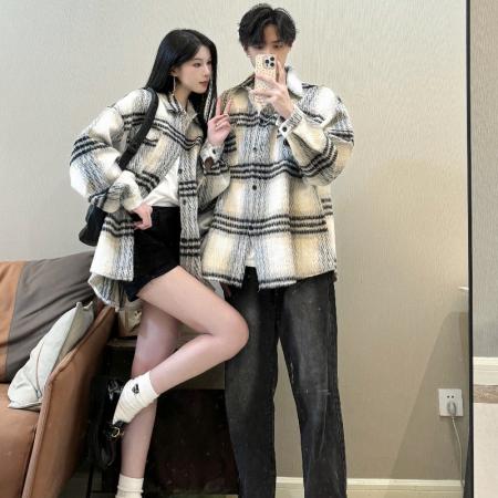 FA47865# 情侣装加厚小香风外套冬季毛呢绒格纹高级感工装夹克 服裝批發女裝批發服飾貨源