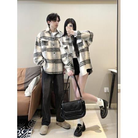 FA47865# 情侣装加厚小香风外套冬季毛呢绒格纹高级感工装夹克 服裝批發女裝批發服飾貨源