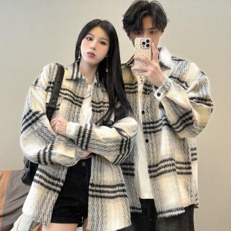 FA47865# 情侣装加厚小香风外套冬季毛呢绒格纹高级感工装夹克 服裝批發女裝批發服飾貨源