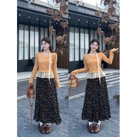 FA47870# 大码秋季韩系甜美风花边拼接长袖针织衫碎花半身裙两件套 服裝批發女裝批發服飾貨源
