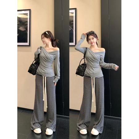 FA47872# 韩版褶皱灰色上衣和垂感懒懒长款裤条纹慵懒风针织套装 服裝批發女裝批發服飾貨源
