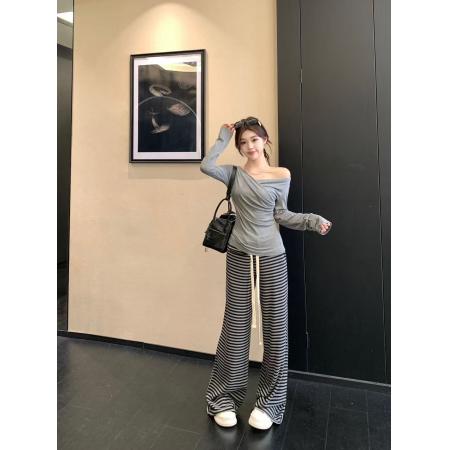 FA47872# 韩版褶皱灰色上衣和垂感懒懒长款裤条纹慵懒风针织套装 服裝批發女裝批發服飾貨源