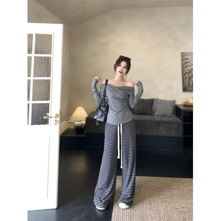 FA47872# 韩版褶皱灰色上衣和垂感懒懒长款裤条纹慵懒风针织套装 服裝批發女裝批發服飾貨源