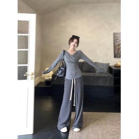 FA47872# 韩版褶皱灰色上衣和垂感懒懒长款裤条纹慵懒风针织套装 服裝批發女裝批發服飾貨源