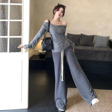 FA47872# 韩版褶皱灰色上衣和垂感懒懒长款裤条纹慵懒风针织套装 服裝批發女裝批發服飾貨源