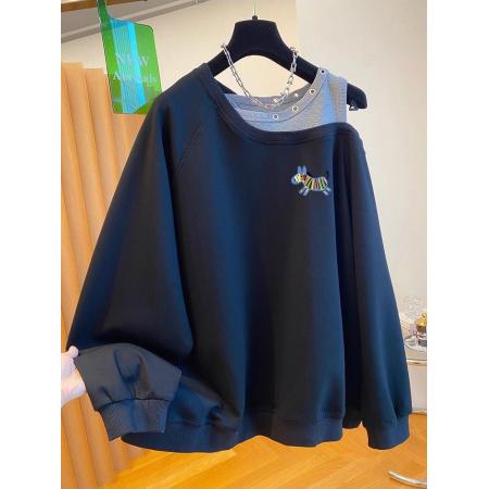 FA47874# 质量特大码300斤假两件斜肩露肩卫衣女秋季款上衣 服裝批發女裝批發服飾貨源