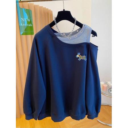 FA47874# 质量特大码300斤假两件斜肩露肩卫衣女秋季款上衣 服裝批發女裝批發服飾貨源