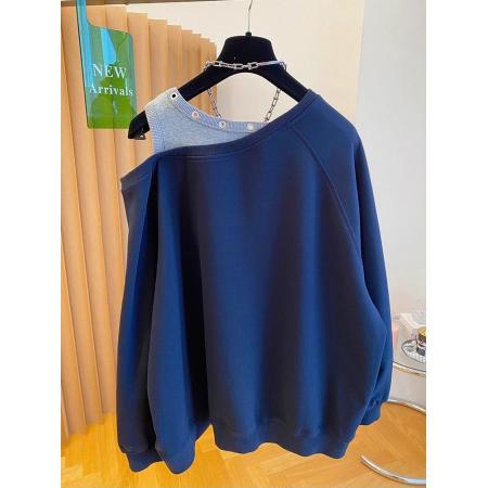 FA47874# 质量特大码300斤假两件斜肩露肩卫衣女秋季款上衣 服裝批發女裝批發服飾貨源