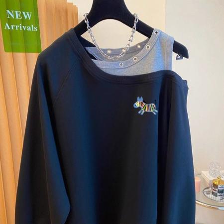 FA47874# 质量特大码300斤假两件斜肩露肩卫衣女秋季款上衣 服裝批發女裝批發服飾貨源