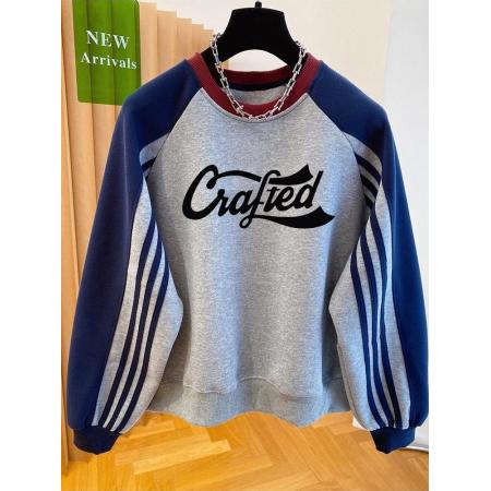 FA47875# 华棉复特大码300斤设计感撞色拼接印花卫衣女 服裝批發女裝批發服飾貨源