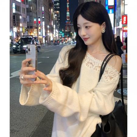 FA47878# 韩系一字领套头镂空针织衫女秋季新款宽松慵懒显瘦百搭毛衣 服裝批發女裝批發服飾貨源