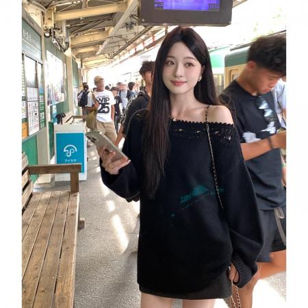 FA47878# 韩系一字领套头镂空针织衫女秋季新款宽松慵懒显瘦百搭毛衣 服裝批發女裝批發服飾貨源