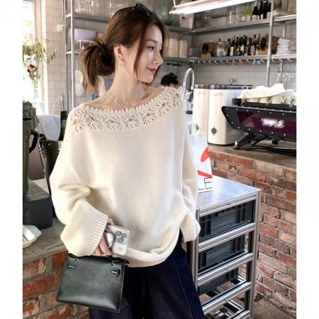 FA47878# 韩系一字领套头镂空针织衫女秋季新款宽松慵懒显瘦百搭毛衣 服裝批發女裝批發服飾貨源