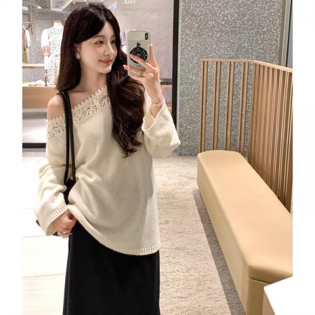 FA47878# 韩系一字领套头镂空针织衫女秋季新款宽松慵懒显瘦百搭毛衣 服裝批發女裝批發服飾貨源