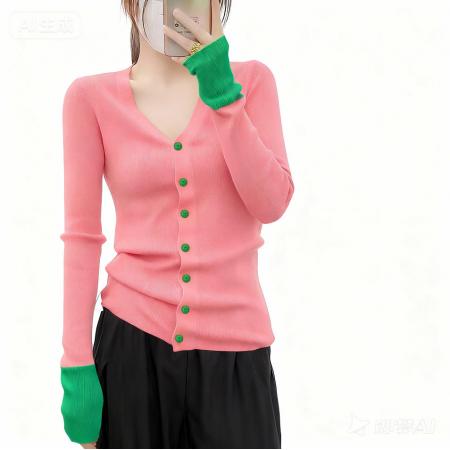 FA47879# 粉色开衫拼色长袖V领修身针织衫女显瘦新款上衣打底衫小外套 服裝批發女裝批發服飾貨源