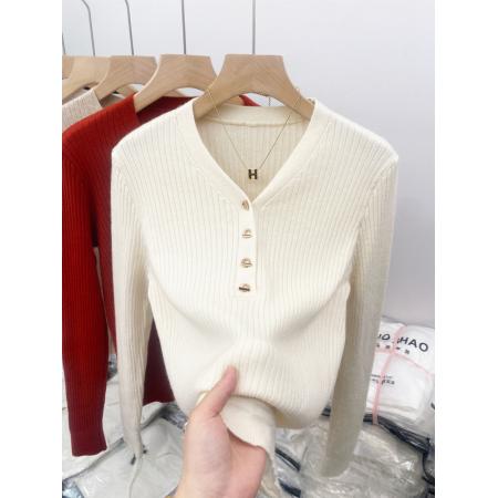 FA47883# 打底衫女内搭秋冬季新款v领针织衫软糯毛衣洋气长袖纽扣上衣 服裝批發女裝批發服飾貨源