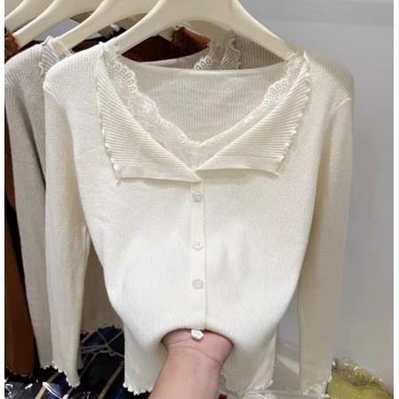 FA47884# 秋冬韩版甜美温柔V领蕾丝木耳边安迪绒针织开衫毛衣外套 服裝批發女裝批發服飾貨源
